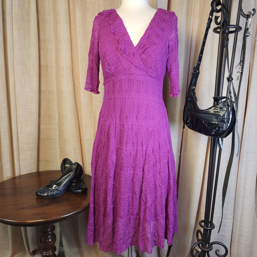 Rabbit Rabbit Designs Lace Midi Dress 12 Berry Purple Fit Flare V Neck